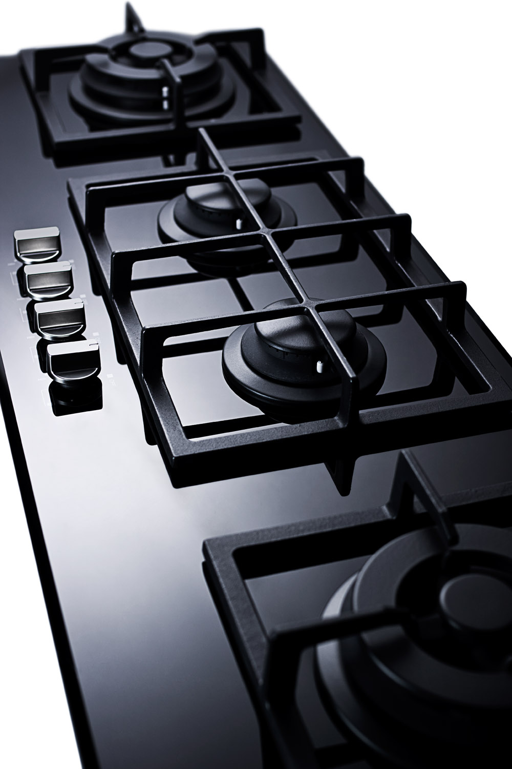 4-burner island gas-on-glass cooktop with sealed burners and cast iron grates